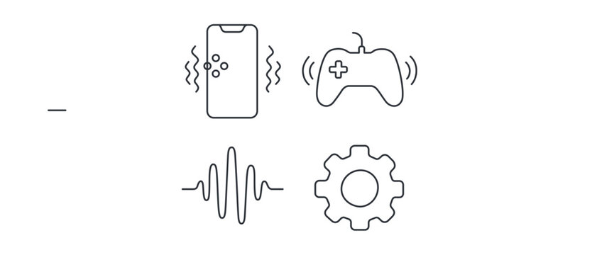 Haptic Feedback and Device Settings Vector Icon Set: Collection of 4 Minimalist Line Icons Featuring a Vibrating Smartphone, Gaming Controller, Sound Wave Frequency, and Mechanical Gear Cogwheel.