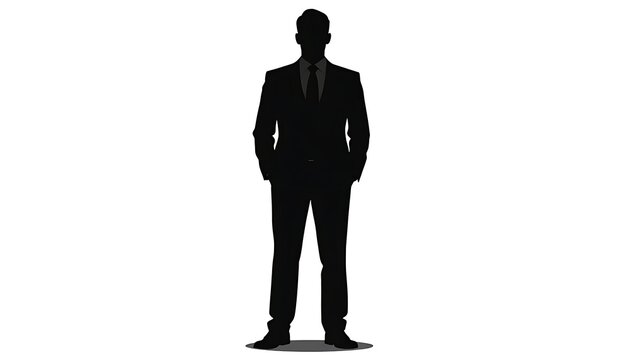 A black silhouette of a man in a suit on a white background