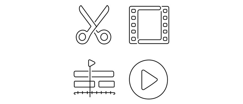 Video editing vector icon set featuring four minimalist line icons: scissors for trimming, film strip, timeline track with playhead, and a play button for multimedia production and design.