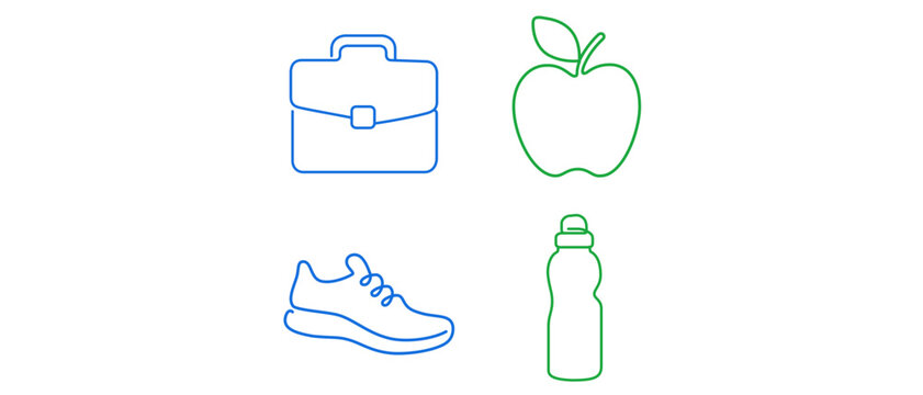 Corporate Wellness and Healthy Lifestyle Editable Stroke Vector Icon Set featuring Briefcase, Apple, Running Shoe, and Water Bottle for Work-Life Balance and Fitness.