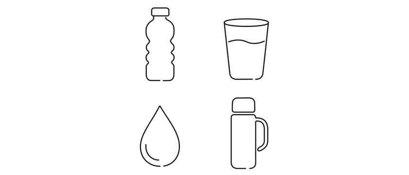 Hydration and Drinking Water Vector Icon Set of 4 Minimalist Icons featuring a Water Bottle, Glass, Drop, and Thermos. Editable Stroke Line Art for Health, Fitness, and Lifestyle Design.