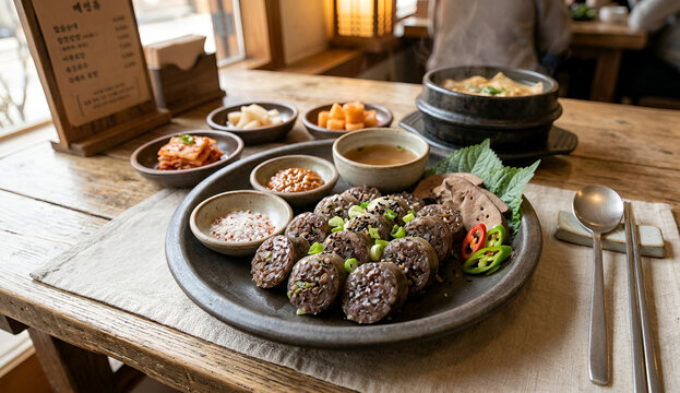 Traditional Korean Blood Sausage (Sundae) Platter with Side Dishes