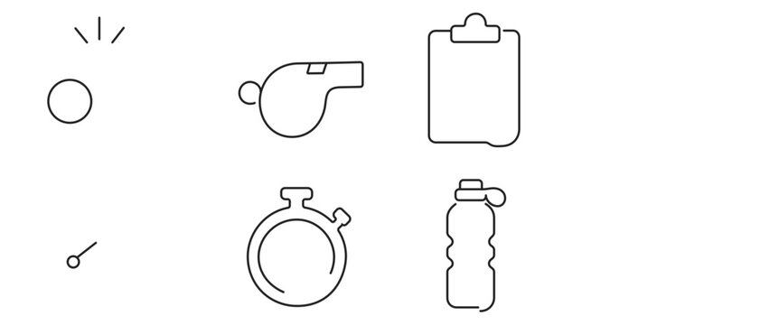 Vector icon set collection of 4 minimalist line icons for sports coaching and fitness training featuring a whistle, clipboard, stopwatch, and water bottle for healthy lifestyle and gym apps.