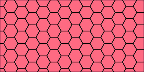 Fototapeta premium Seamless coral pink hexagonal honeycomb pattern with dark outlines, bold geometric background texture for modern web design, digital graphics, and print use