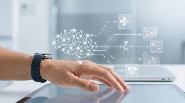 Artificial intelligence brain network connecting to medical health icons, doctor hand interacting with tablet showing DNA, heart rate and scientific research data analysis concept