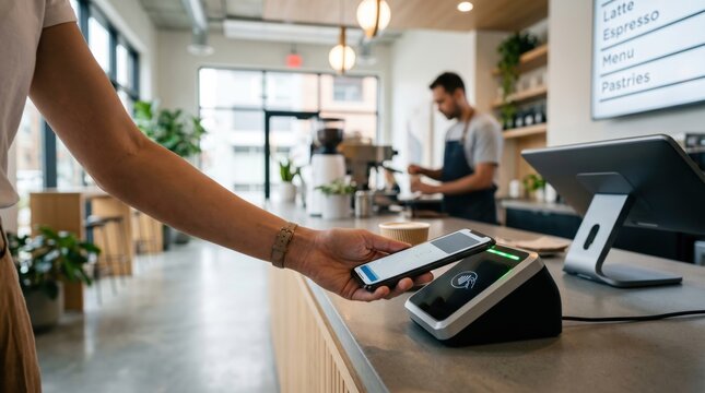Customer paying for coffee using smartphone contactless payment terminal at cafe counter, barista preparing drink in background, modern retail technology and cashless transaction
