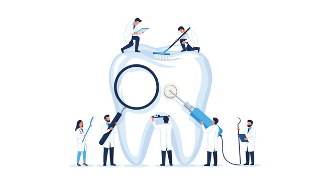 Tiny dental staff perform a detailed diagnostic examination and targeted restorative procedure on a large white tooth using a magnifying glass and drill tool ensemble.
