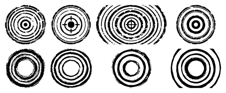 Concentric circular targets and tree ring shapes with distressed grunge stamp texture