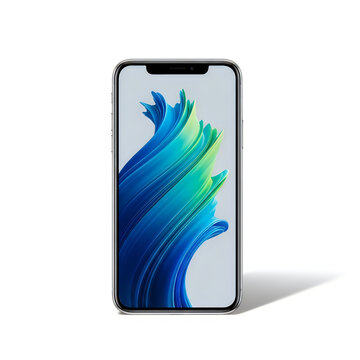 Sleek smartphone showcasing vibrant gradient wallpaper with fluid design elements. isolated on white background