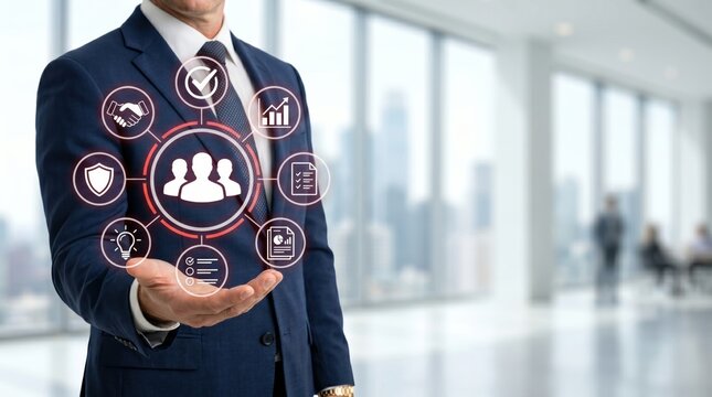 Businessman in suit holding holographic projection of customer relationship management icons, teamwork and partnership concept, digital marketing strategy with graphs, documents,