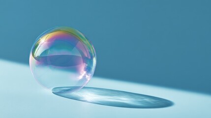 Naklejka premium A transparent soap bubble on a blue surface. The bubble reflects a spectrum of colors, and casts a shadow