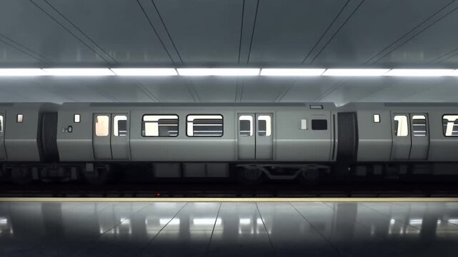 Panning shot of subway train gliding past underground station platform with waiting passengers and reflective tiled floor and fluorescent ceiling lights