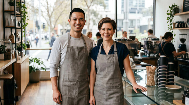 Cheerful male and female small business partners wearing matching aprons smiling behind the coffee shop counter