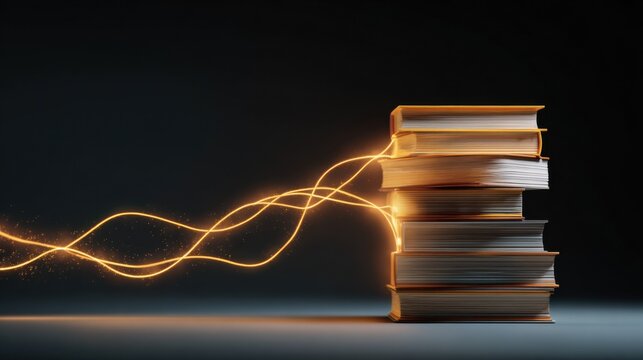 A stack of books with glowing lines emitting from them, representing the flow of knowledge and wisdom. The image evokes a sense of learning and enlightenment