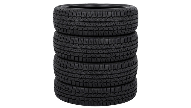 Stack of four new black car tires isolated on white background