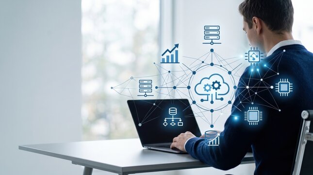 Business professional working on laptop with holographic cloud computing icons, network connections, data analytics, and server technology floating in air for digital