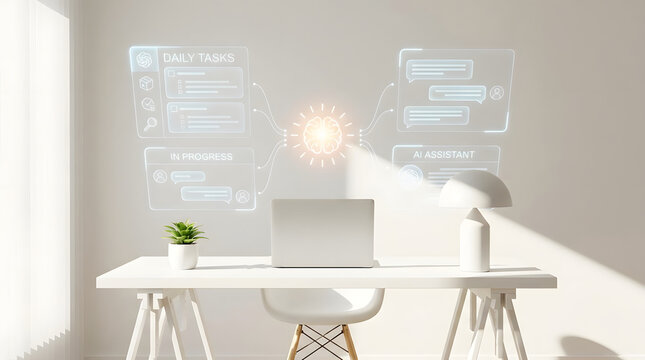 Modern home office setup with a holographic display showing daily tasks and a laptop on a white desk with natural light