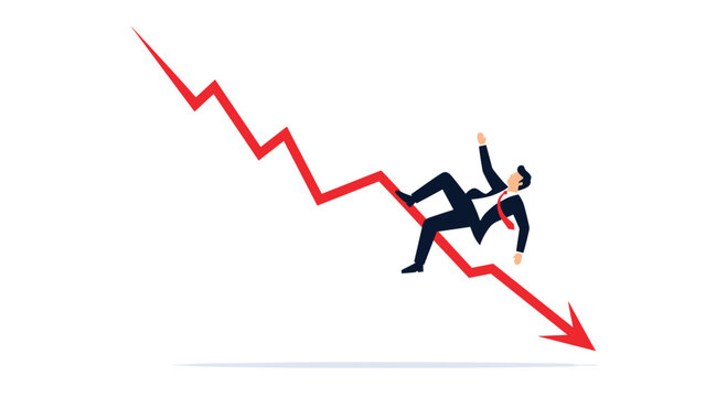 A man wearing a suit slides down a steep declining red arrow vector graphic against a clean white background in a flat minimalist design style.