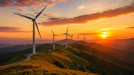 Obraz premium Wind turbines on green hills at sunset for renewable energy concept