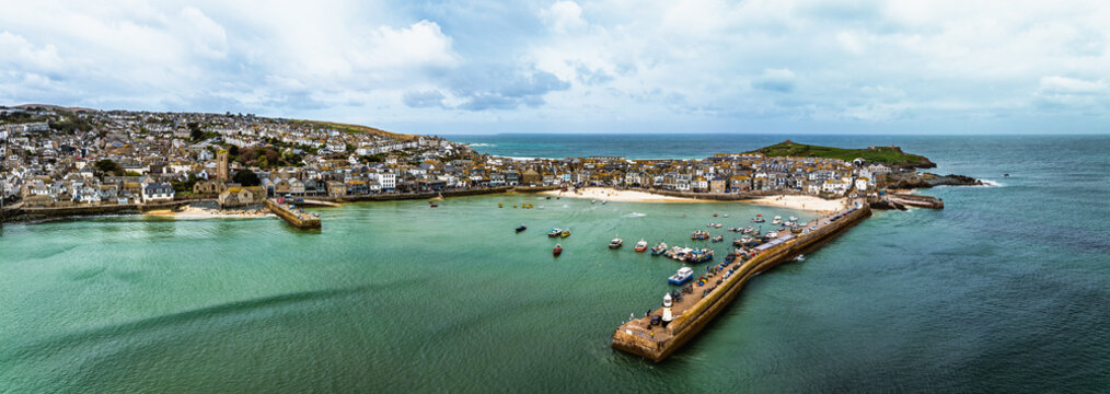 St Ives Harbour and Beach from a drone, Cornwall, England