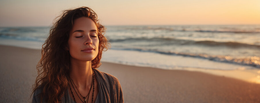 Woman spends time on the beach enjoying the sunset while relaxing and closing her eyes in a quiet moment of reflection