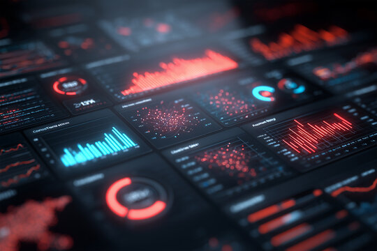 Data visualization tools display various statistics and metrics in a dark digital workspace during nighttime