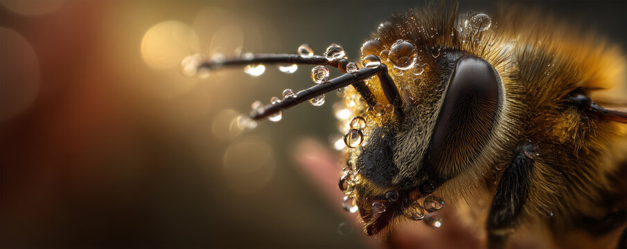 Close-up view of a bee resting with droplets on its body in the early morning light of a garden
