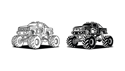 Powerful black and white monster truck illustration with large off-road tires aggressive flame decals and heavy-duty suspension vector graphic © Nova
