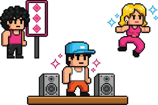 Pixel Art Dance Party Scene with Retro 8 Bit Characters, DJ, Speakers, Neon Effects, and Animated Avatars for Gaming, Music, and Entertainment Design