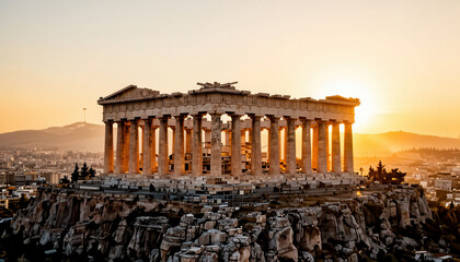 Naklejka premium The Parthenon is illuminated by the golden glow of the sunset, casting shadows across the ancient columns. The historic Parthenon stands proudly on a rocky outcrop, surrounded by the city below.