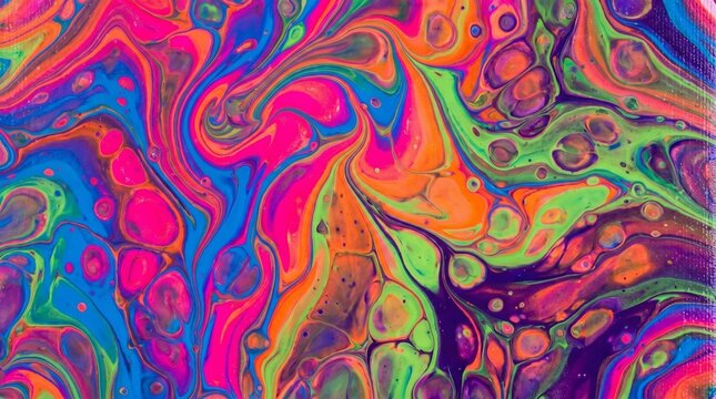Vibrant Neon Fluid Acrylic Pour Art Background with Colorful Psychedelic Swirls and Cells