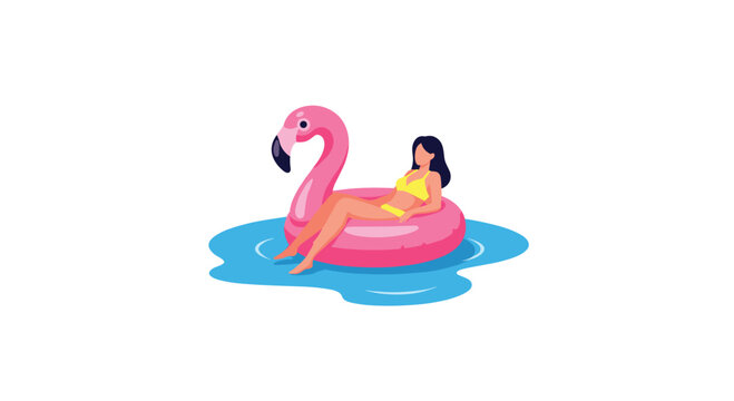 A lone woman lounging on a pink flamingo inflatable pool float sits calmly within a stylized blue water patch against a solid white background.