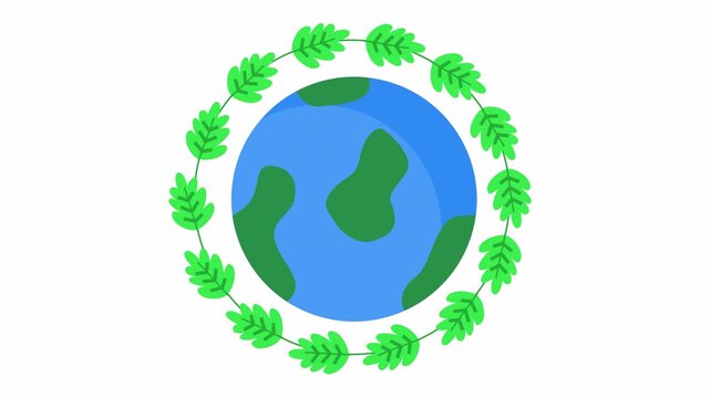 Earth globe surrounded by green leaf wreath for environmental conservation icon animation. Ecology and sustainability concept with earth and leaves cartoon.
