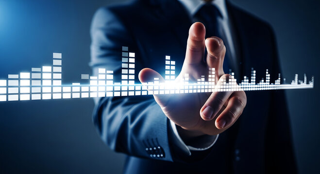 Businessman touching glowing digital bar graph data visualization technology