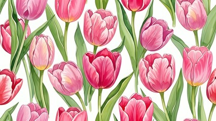 Obraz premium Vibrant pink tulips with green leaves on white background for spring decoration