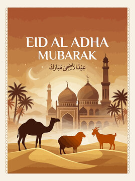 Eid Al Adha Mubarak greeting card illustration featuring camel, sheep, goat, mosque, and palm trees in a desert landscape