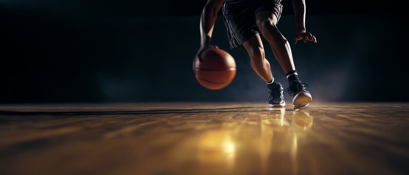 Athlete dribbling basketball on wooden court