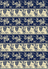 Seamless horizontal border pattern with traditional ornate elephants and elegant floral motifs in navy blue and cream for ethnic textile design. © leonado-vector