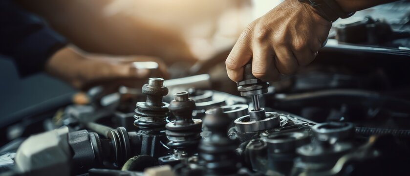 Mechanic repairing engine components with tools.