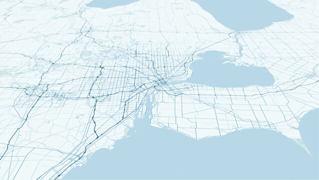 Modern minimalist vector map of Detroit, Michigan, USA. High-quality scalable illustration of Detroit city grid, Detroit River, and Windsor border for posters and urban design.