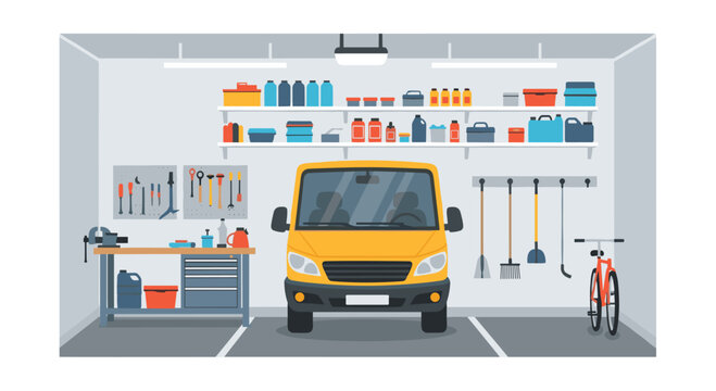 A yellow commercial van is parked inside an organized garage featuring overhead storage shelving, a workbench with drawers, and a bicycle mounted against the wall.