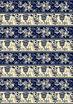 Seamless horizontal border pattern with traditional ornate elephants and elegant floral motifs in navy blue and cream for ethnic textile design.