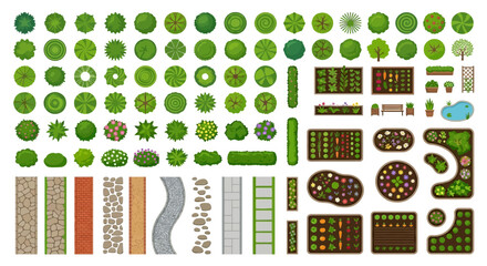 Top view trees bushes and garden elements vector illustration on white background © Sumon
