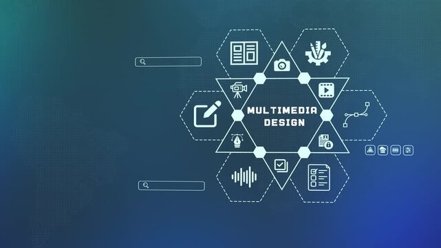  Professional multimedia design concept with integrated icons for audio, video, and graphic illustration in a modern technology interface.