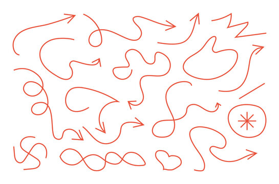 Hand drawn doddle red arrow icon set. simple arrows isolated on white background. Texture design elements of scribble lines.