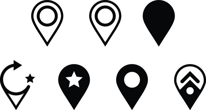 Location pin icons collection, navigation map marker GPS vector illustration, travel direction artwork design graphic - black and white flat vector illustration
