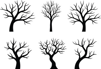 Set of six leafless tree silhouettes with varied branching structures for botanical, seasonal, and decorative vector design projects © TOMSINA