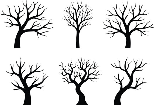 Set of six leafless tree silhouettes with varied branching structures for botanical, seasonal, and decorative vector design projects