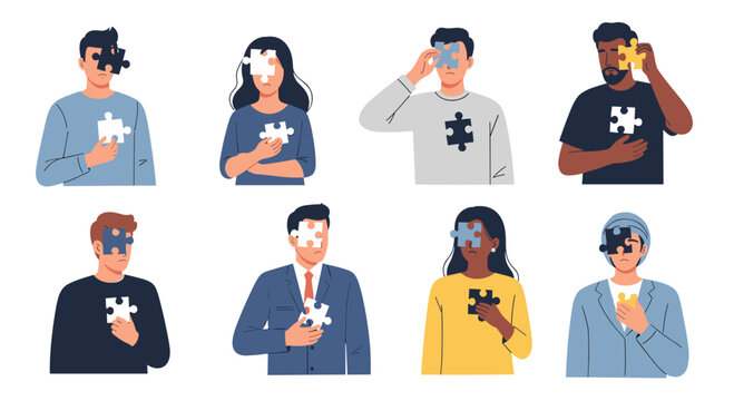 Multiple diverse individuals are shown in separate portraits holding puzzle pieces against their faces or chests to reveal a missing part of their own personal identity.