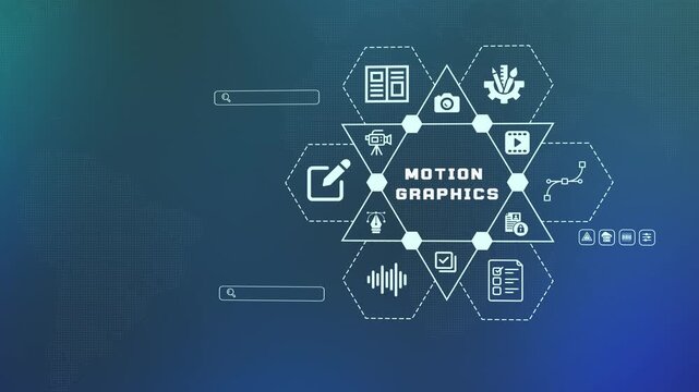  Motion graphics production and visual effects concept with animation timeline icons for professional video editing and digital broadcast design.